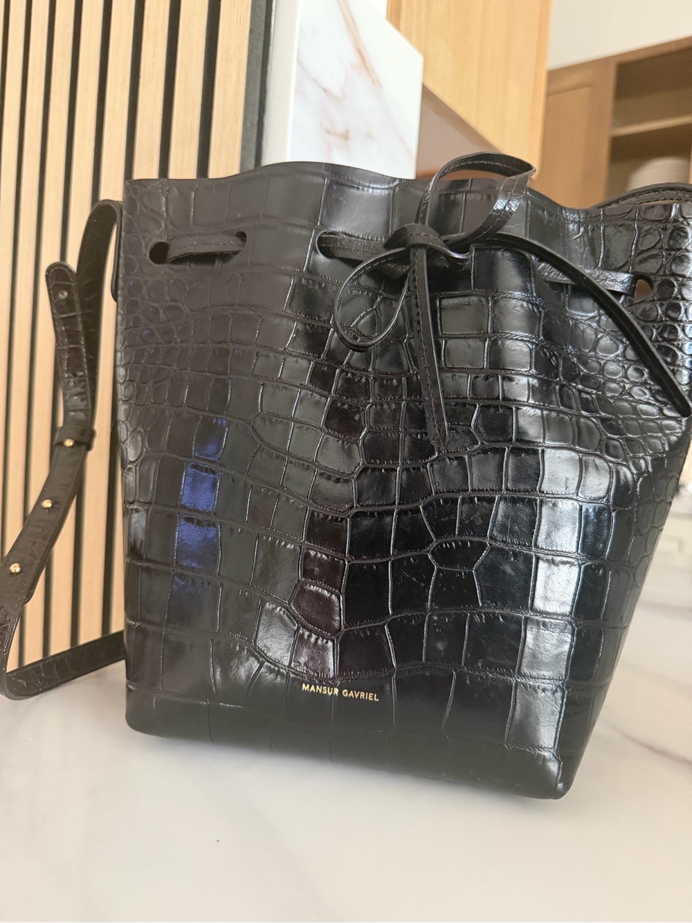Mansur Gavriel Black Croc-Embossed Leather Drawstring Bucket Bag Medium